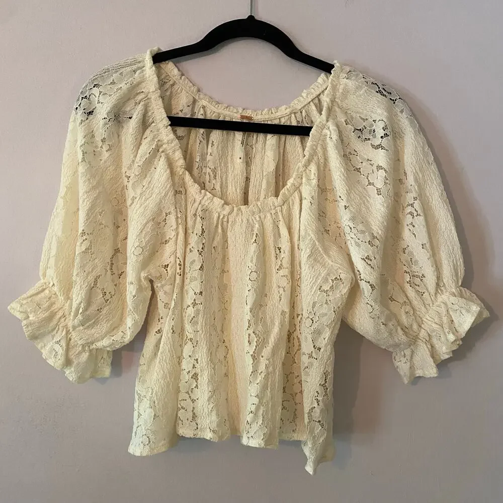 Free People Stacey White Lace Sheer Overshirt Boho Coquette Women's size Medium - Picture 2 of 9